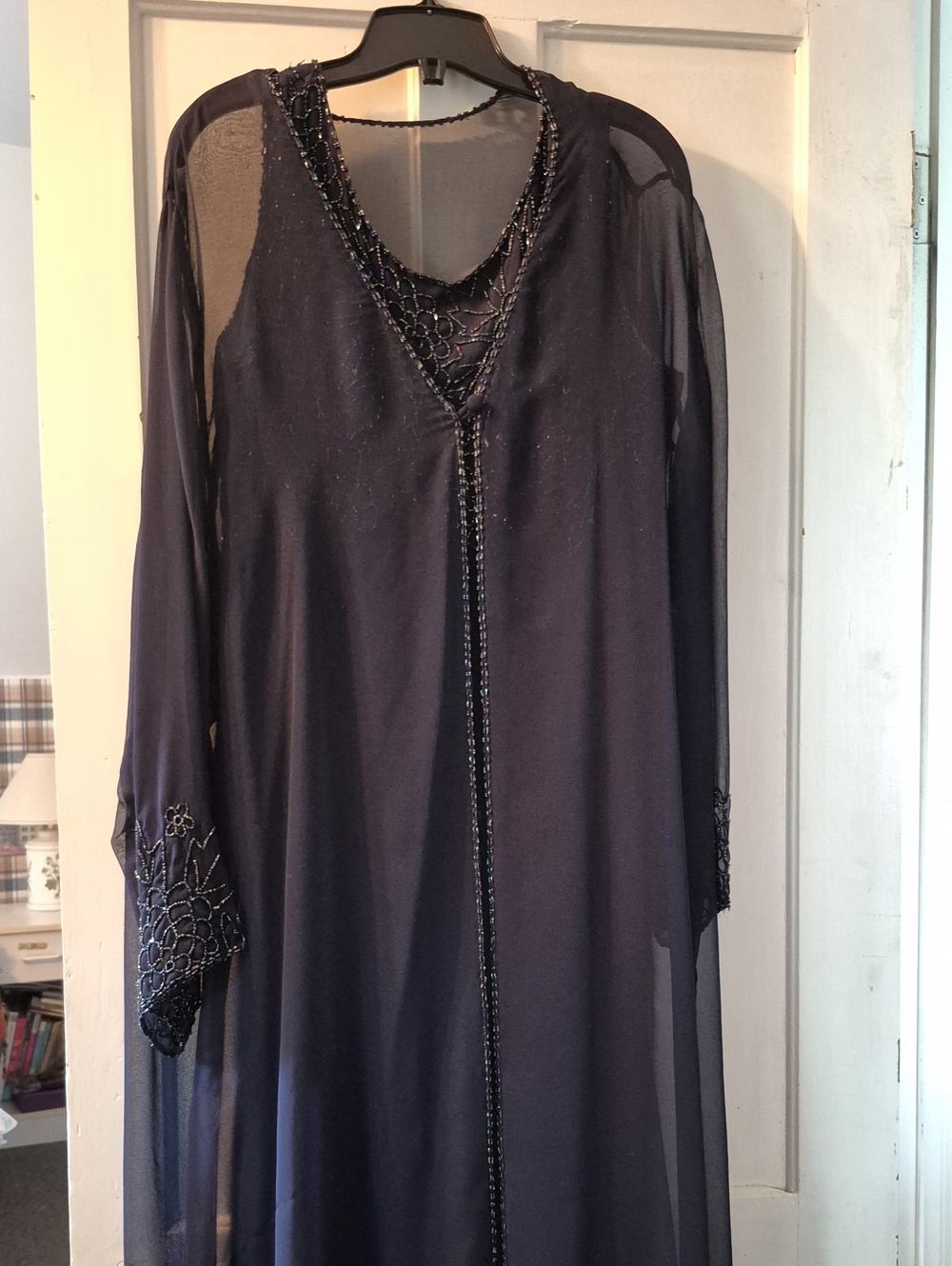 Beaded Navy Sheer Long Sleeve  Gown
